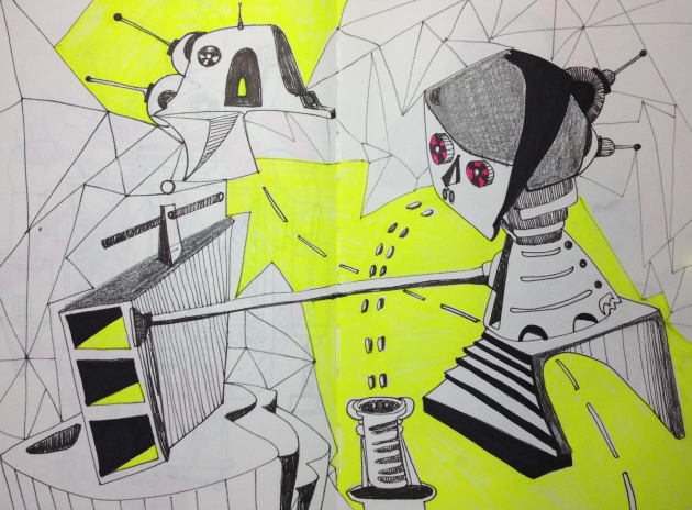 Robotic Dreams of a Better Future Black Marker and Highlighter on 8 x 5.5" Sketch Book