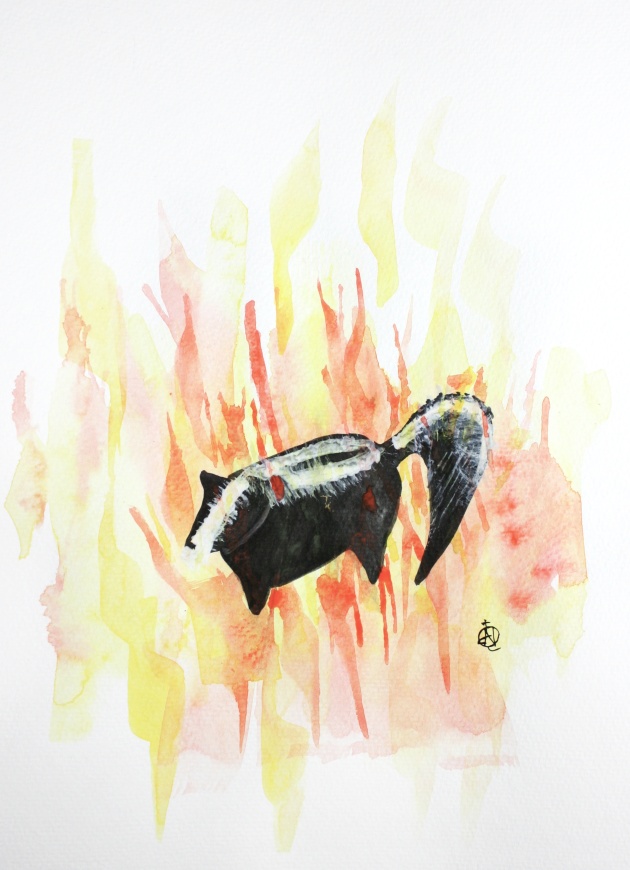Skunk on Fire #2 Ink and Watercolor 15" x 11"