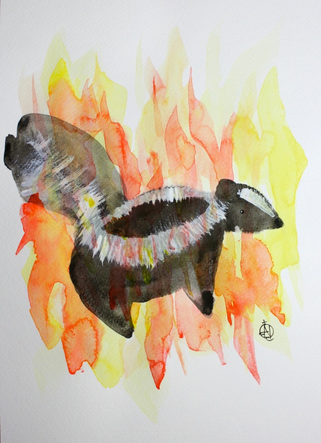 Skunk on Fire #4 Ink and Watercolor 15" x 11"